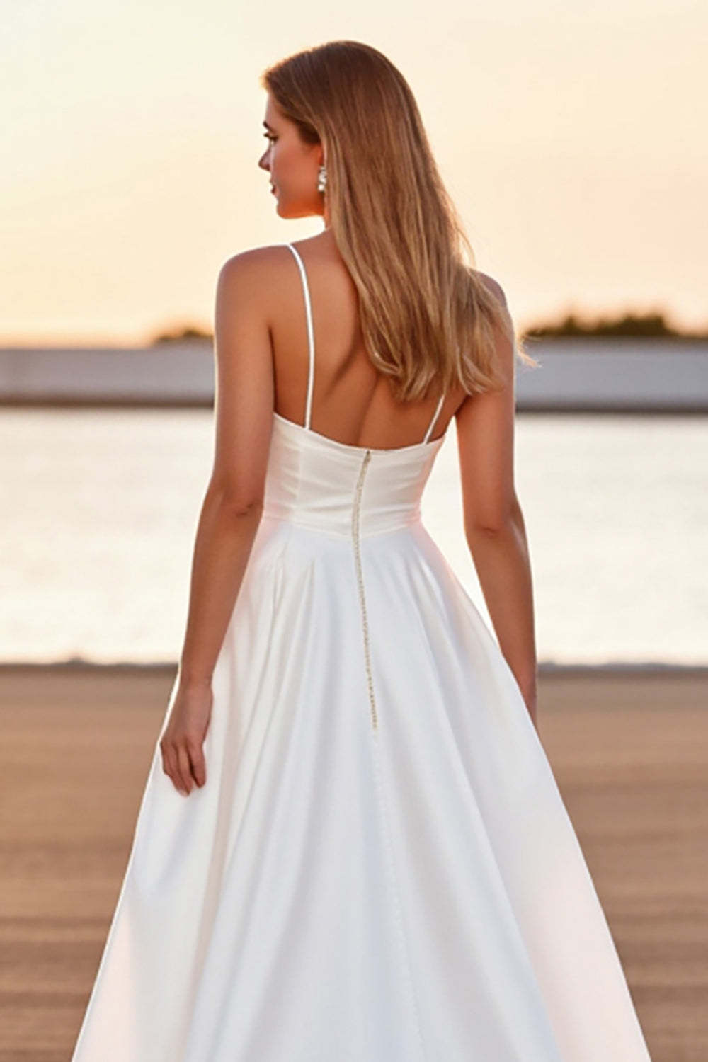 Satin A Line V-Neck White Boho High-Low Wedding Dress