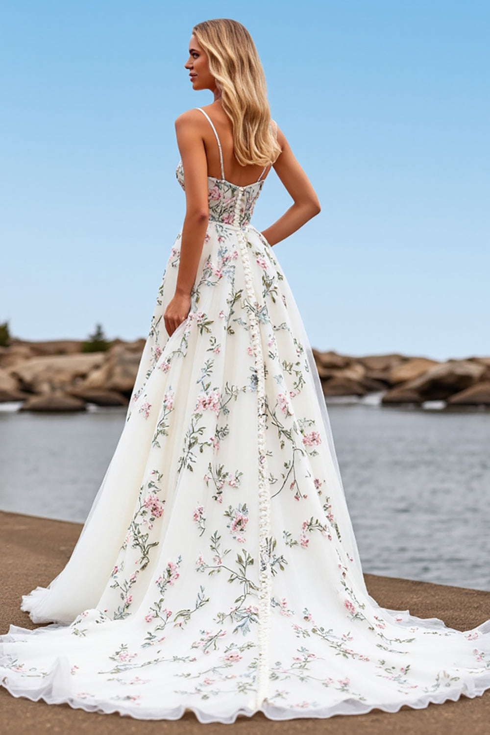 Tulle A Line White Floral Sweep Train Wedding Dress