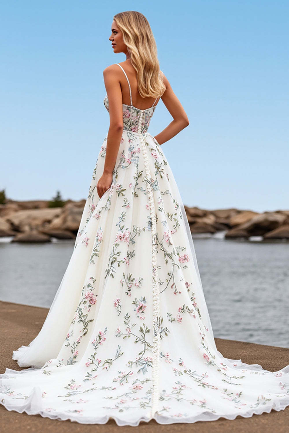 Tulle A Line White Floral Sweep Train Wedding Dress