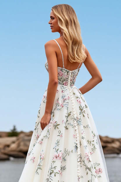 Tulle A Line White Floral Sweep Train Wedding Dress