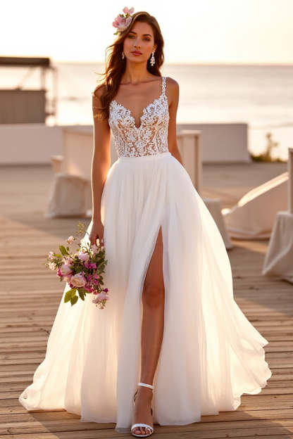 Boho White Chiffon Sweep Train Wedding Dress with Lace