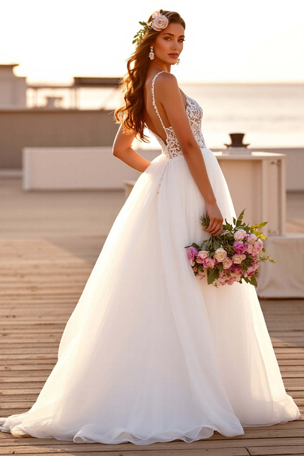 Boho White Chiffon Sweep Train Wedding Dress with Lace