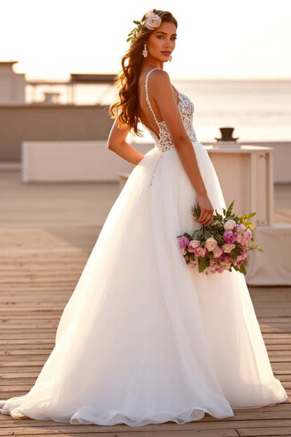 Boho White Chiffon Sweep Train Wedding Dress with Lace