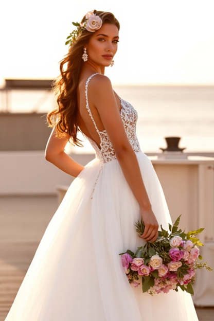 Boho White Chiffon Sweep Train Wedding Dress with Lace