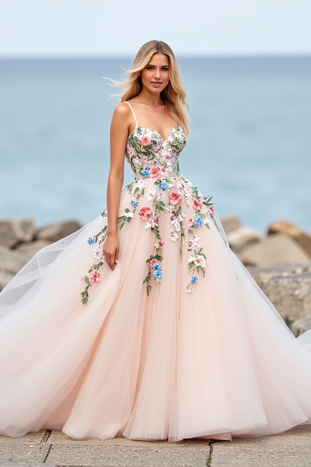 Blush Floral Tulle Ball Gown Sweep Train Wedding Dress