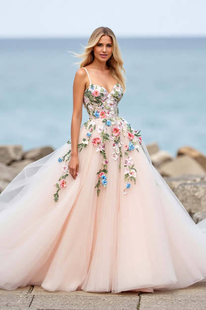 Leely Women Blush Floral Ball Gown Sweep Train Wedding Dress Tulle Spaghetti Straps Bridal Dress