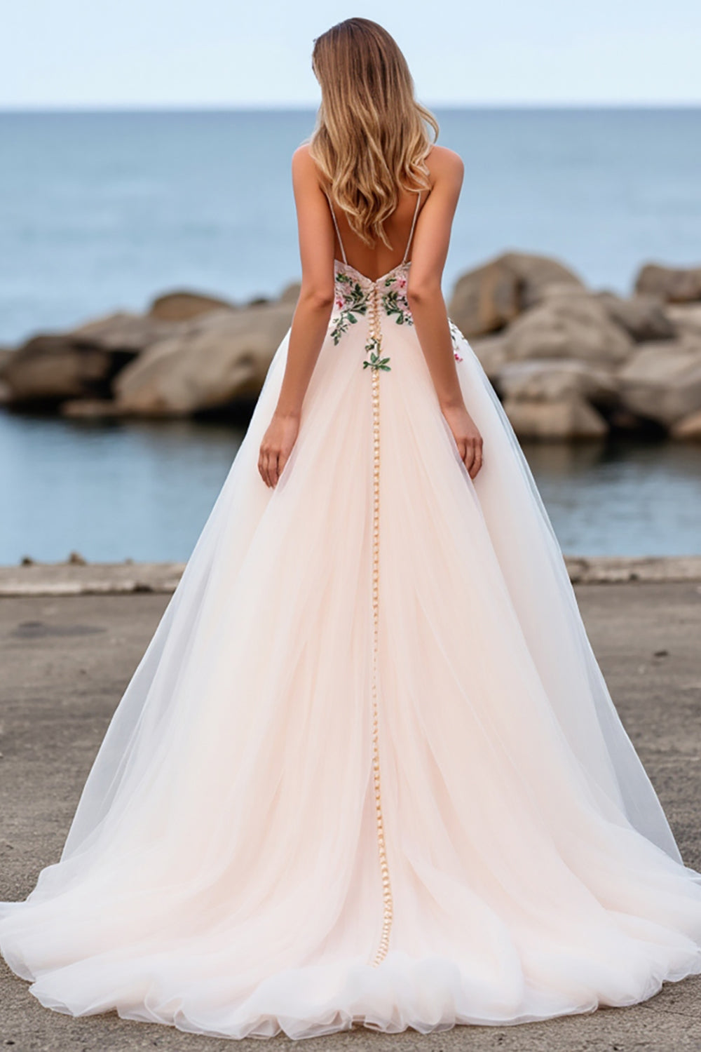 Tulle Blush Floral Ball Gown Sweep Train Wedding Dress