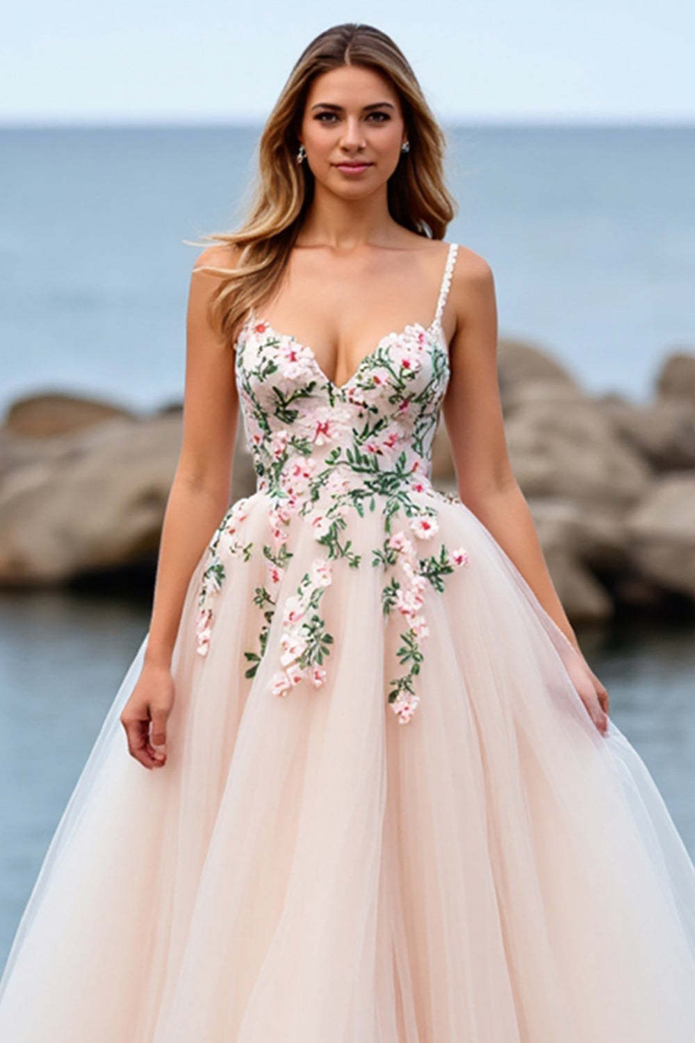Tulle Blush Floral Ball Gown Sweep Train Wedding Dress