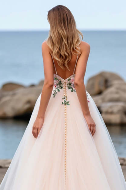 Tulle Blush Floral Ball Gown Sweep Train Wedding Dress