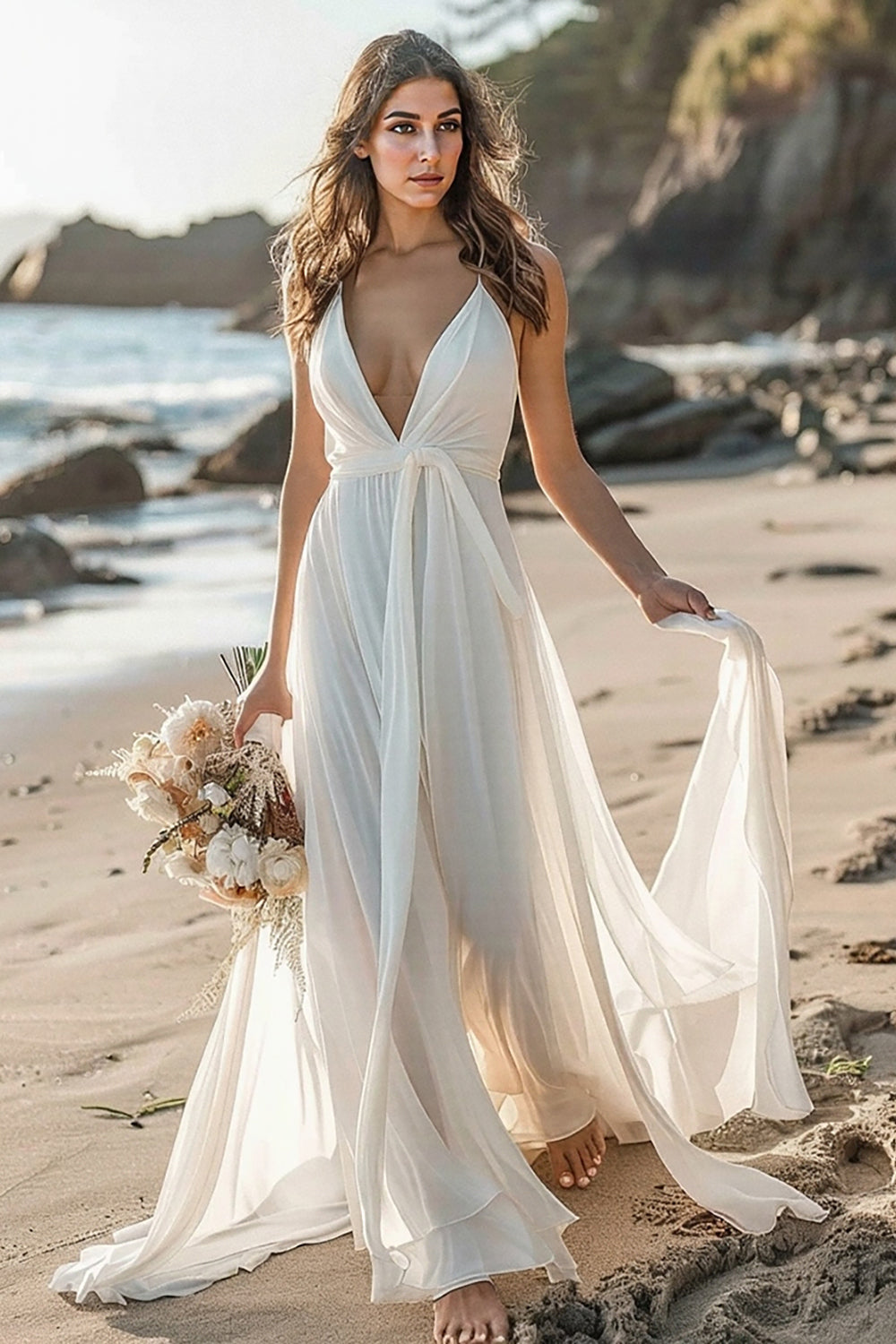 White Chiffon Boho Sweep Train Wedding Dress with Sash