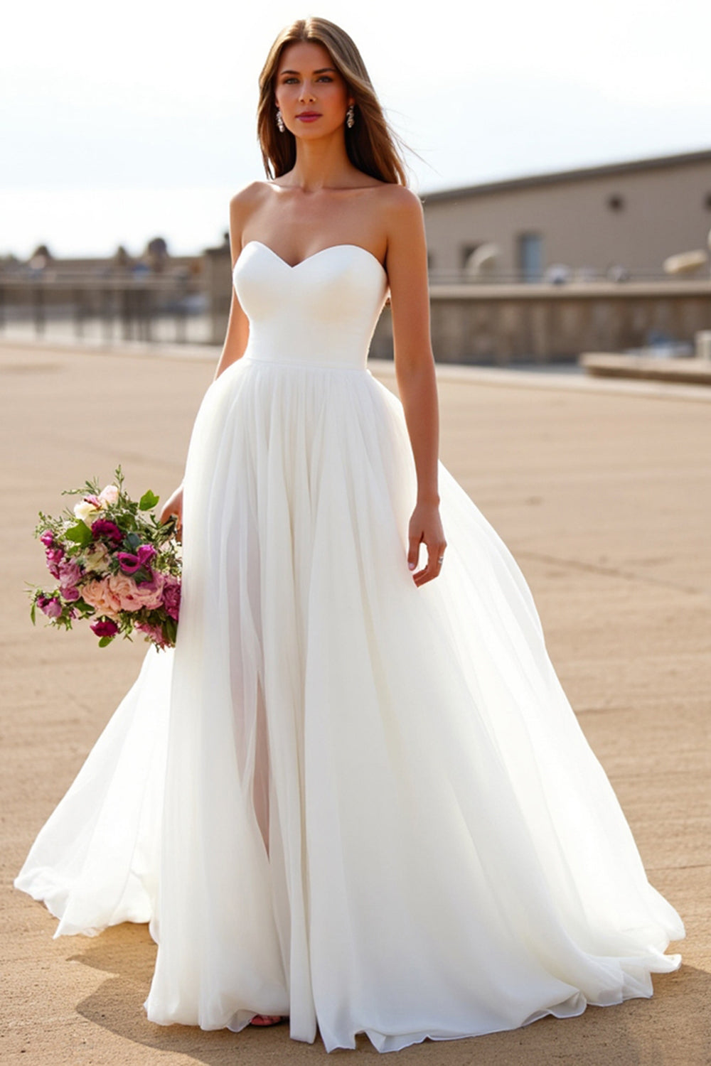 Chiffon Sweetheart White Sweep Train Wedding Dress