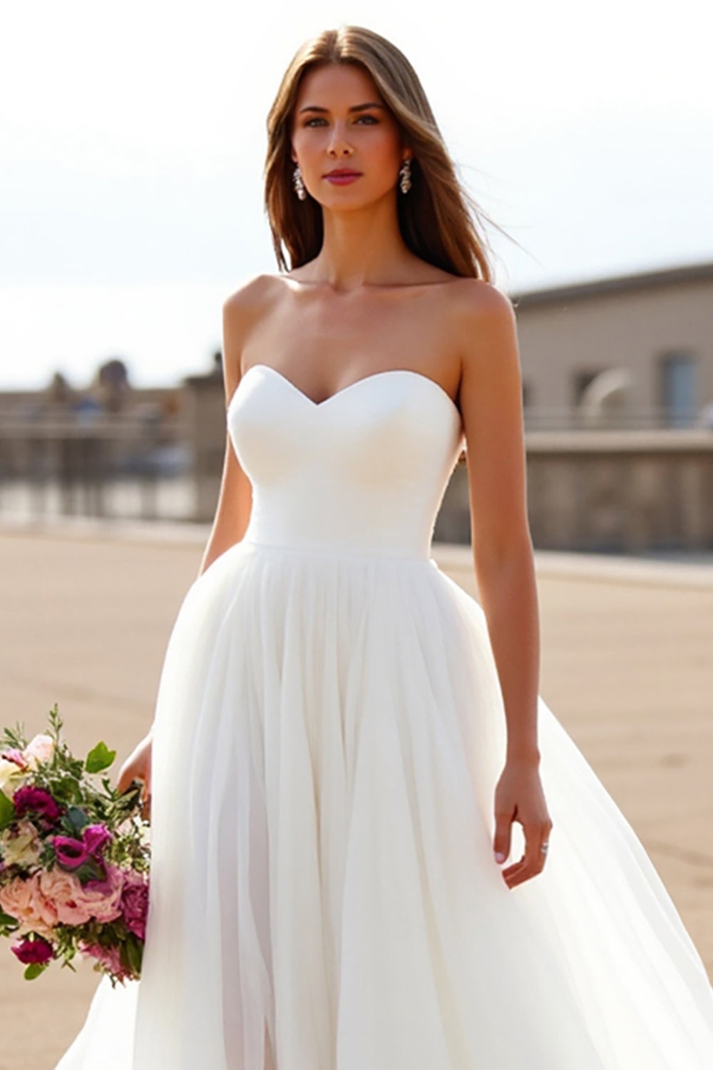 Chiffon Sweetheart White Sweep Train Wedding Dress