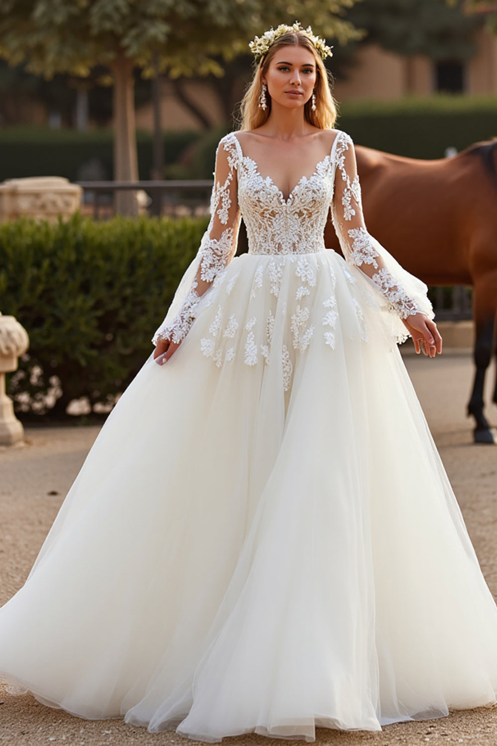 Tulle Long Sleeves White Ball Gown Wedding Dress with Appliques