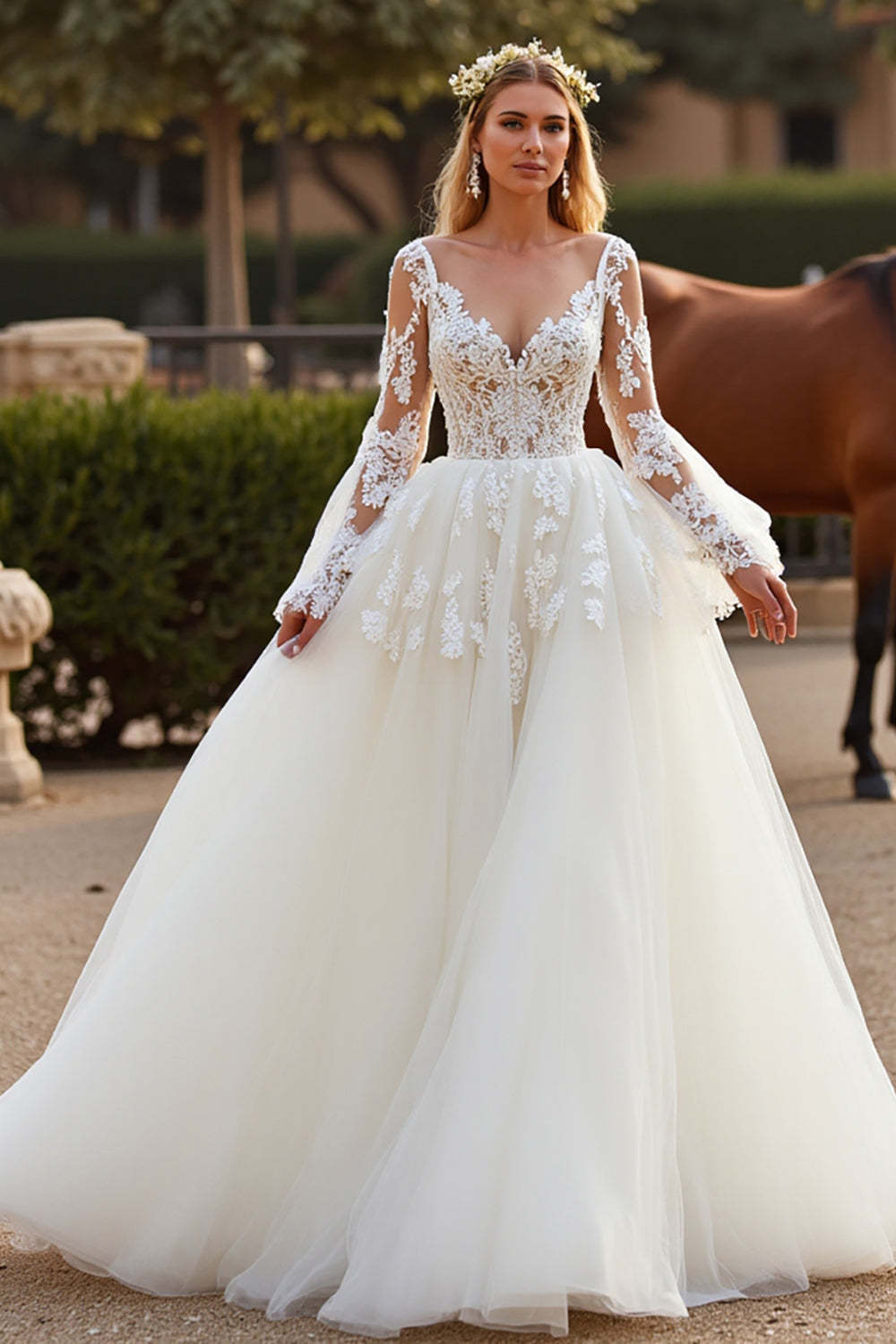 Leely Women White Long Sleeves Ball Gown Wedding Dress with Appliques V-Neck Tulle Bridal Dress
