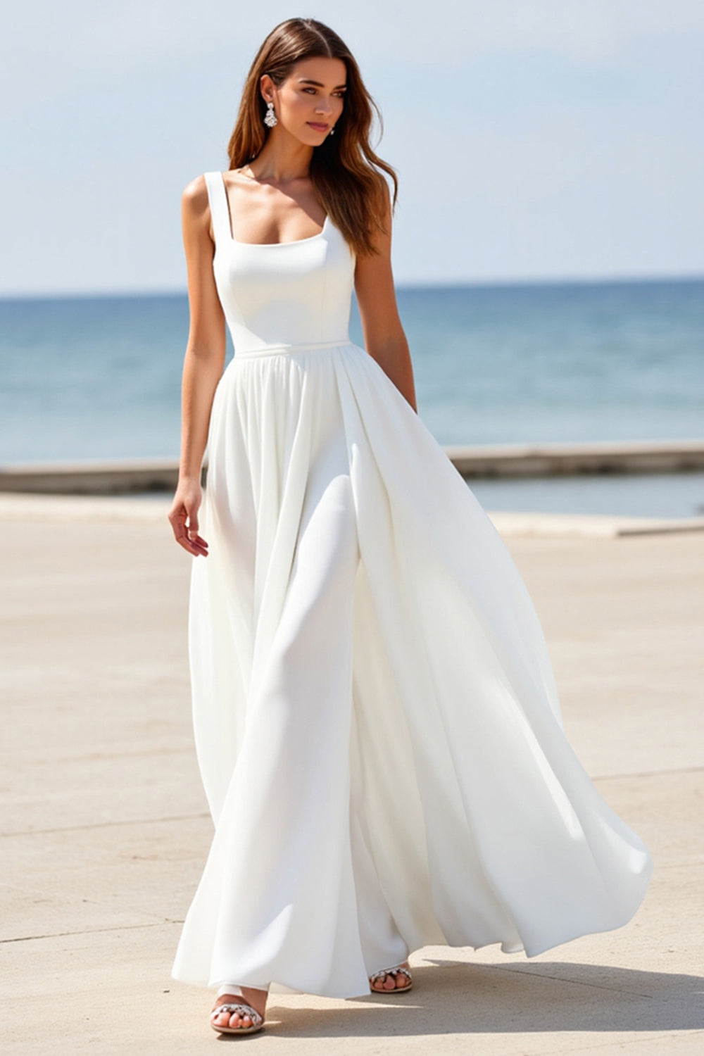 Satin Square Neck White A Line Boho Sweep Train Wedding Dress
