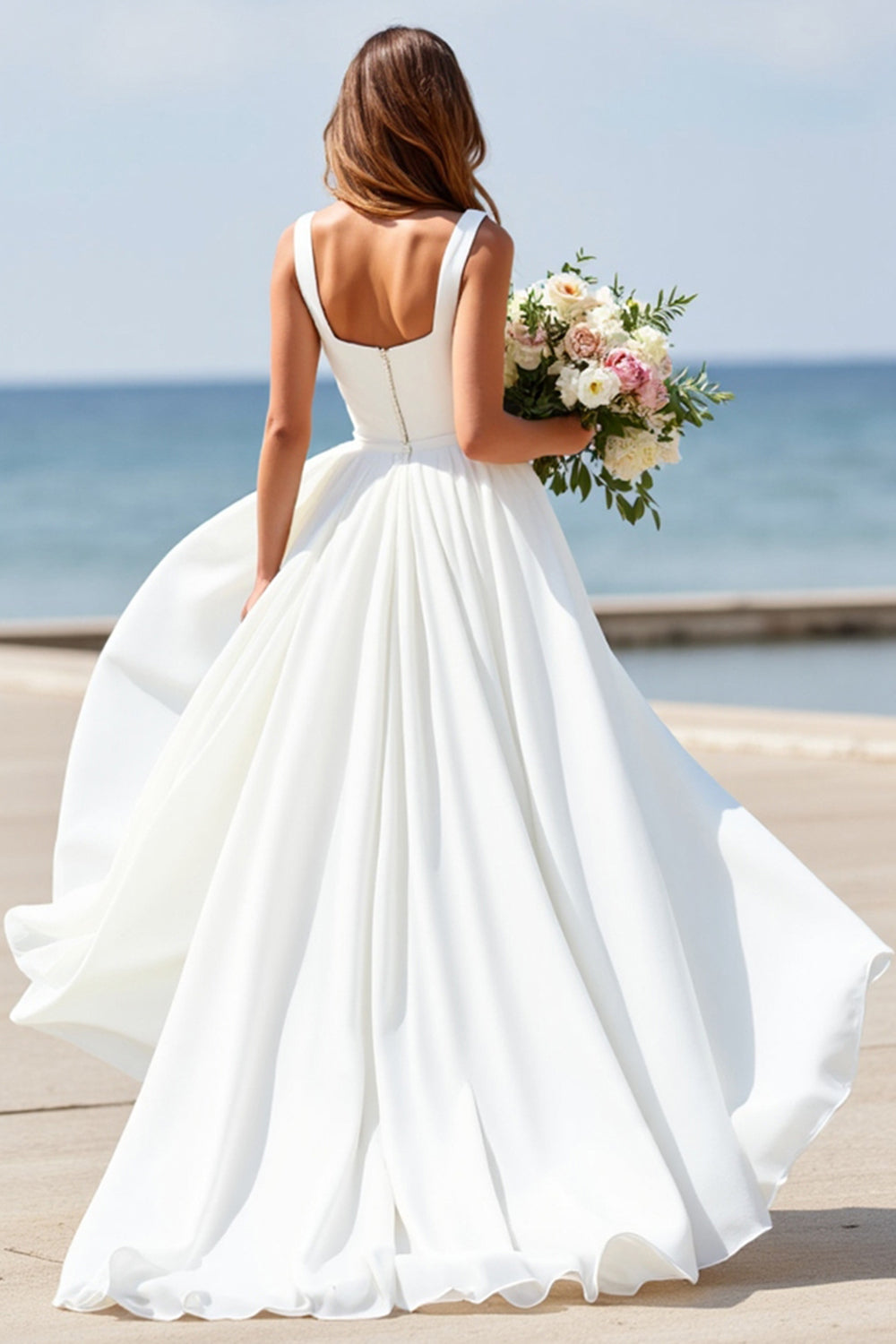 Satin Square Neck White A Line Boho Sweep Train Wedding Dress