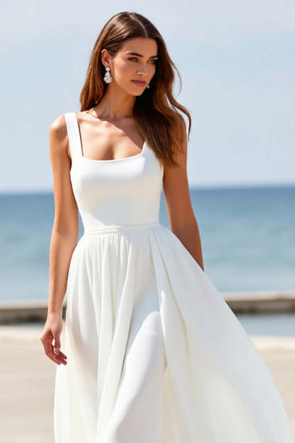 Satin Square Neck White A Line Boho Sweep Train Wedding Dress