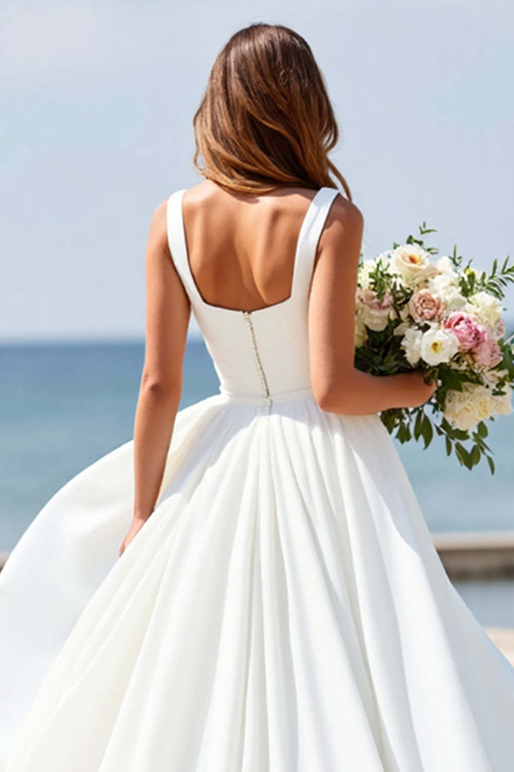 Satin Square Neck White A Line Boho Sweep Train Wedding Dress