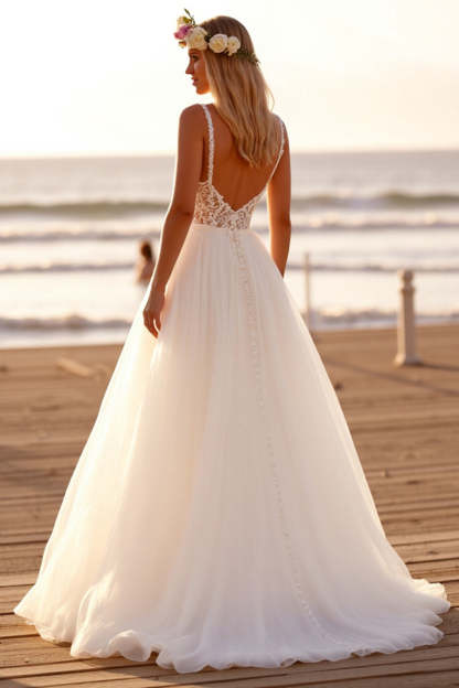 Chiffon White V-Neck Boho Sweep Train Wedding Dress with Lace