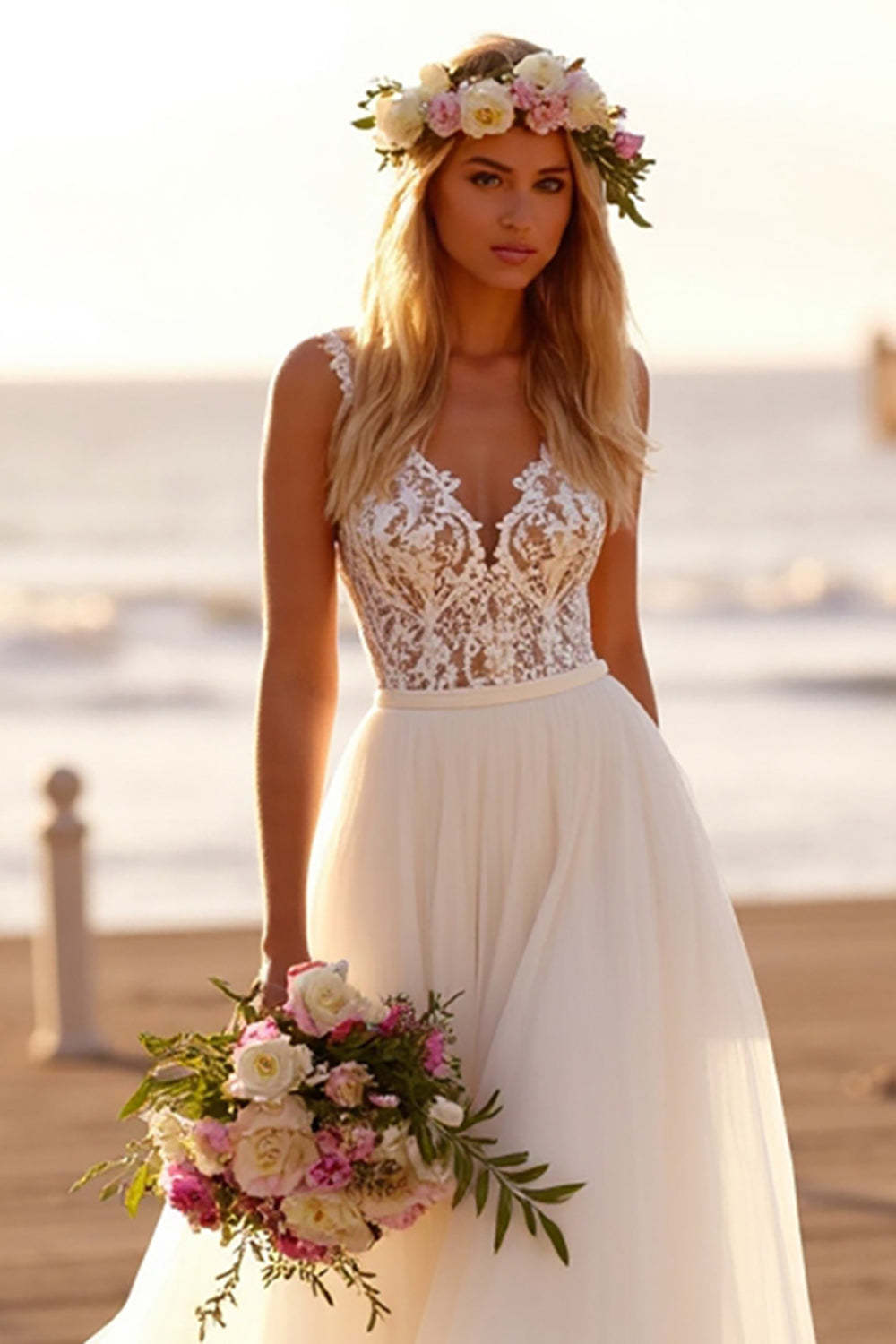 Chiffon White V-Neck Boho Sweep Train Wedding Dress with Lace