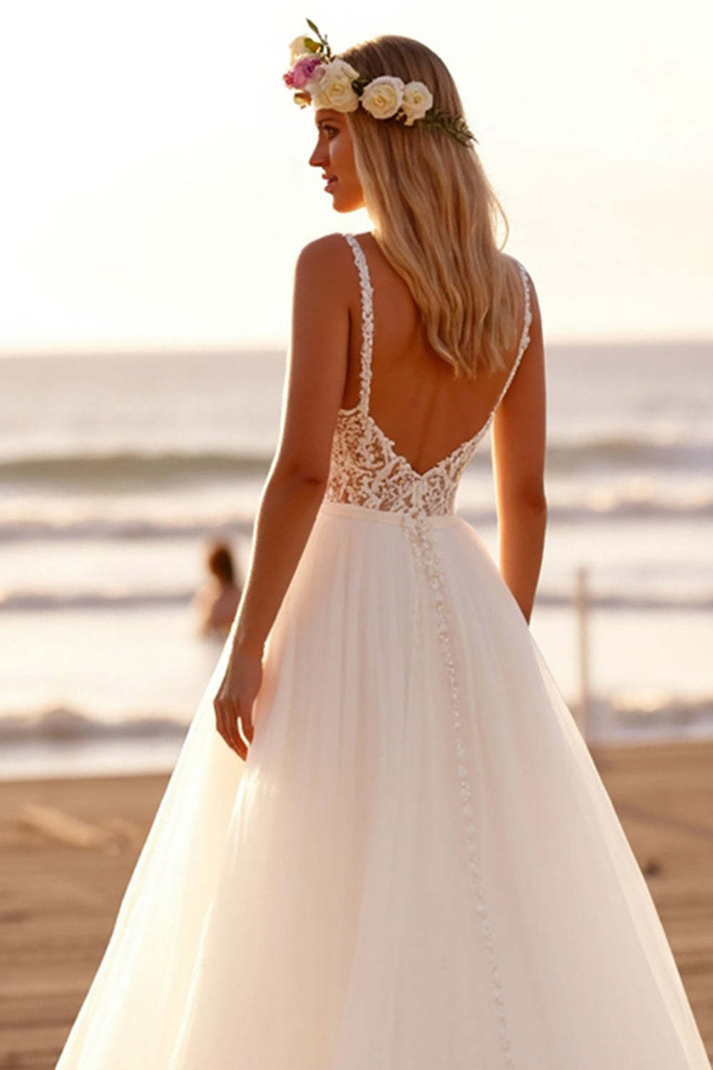 Chiffon White V-Neck Boho Sweep Train Wedding Dress with Lace
