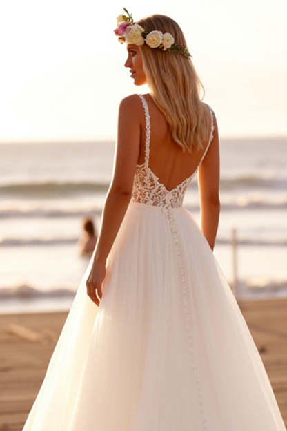Chiffon White V-Neck Boho Sweep Train Wedding Dress with Lace
