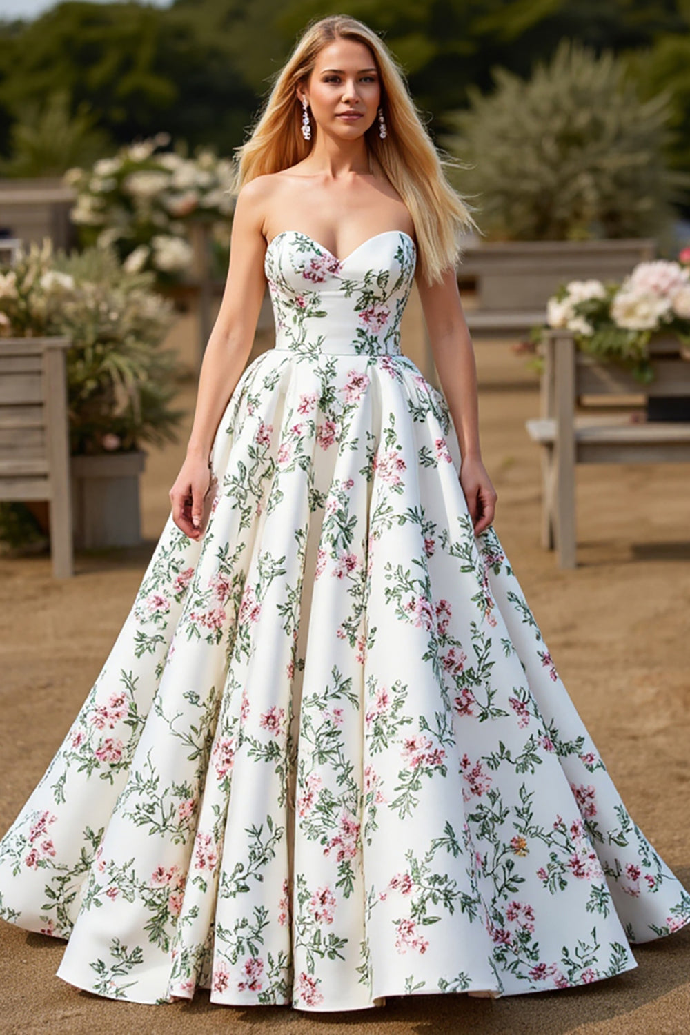 Satin Ball Gown Floral White Sweep Train Wedding Dress