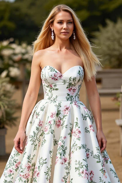 Satin Ball Gown Floral White Sweep Train Wedding Dress