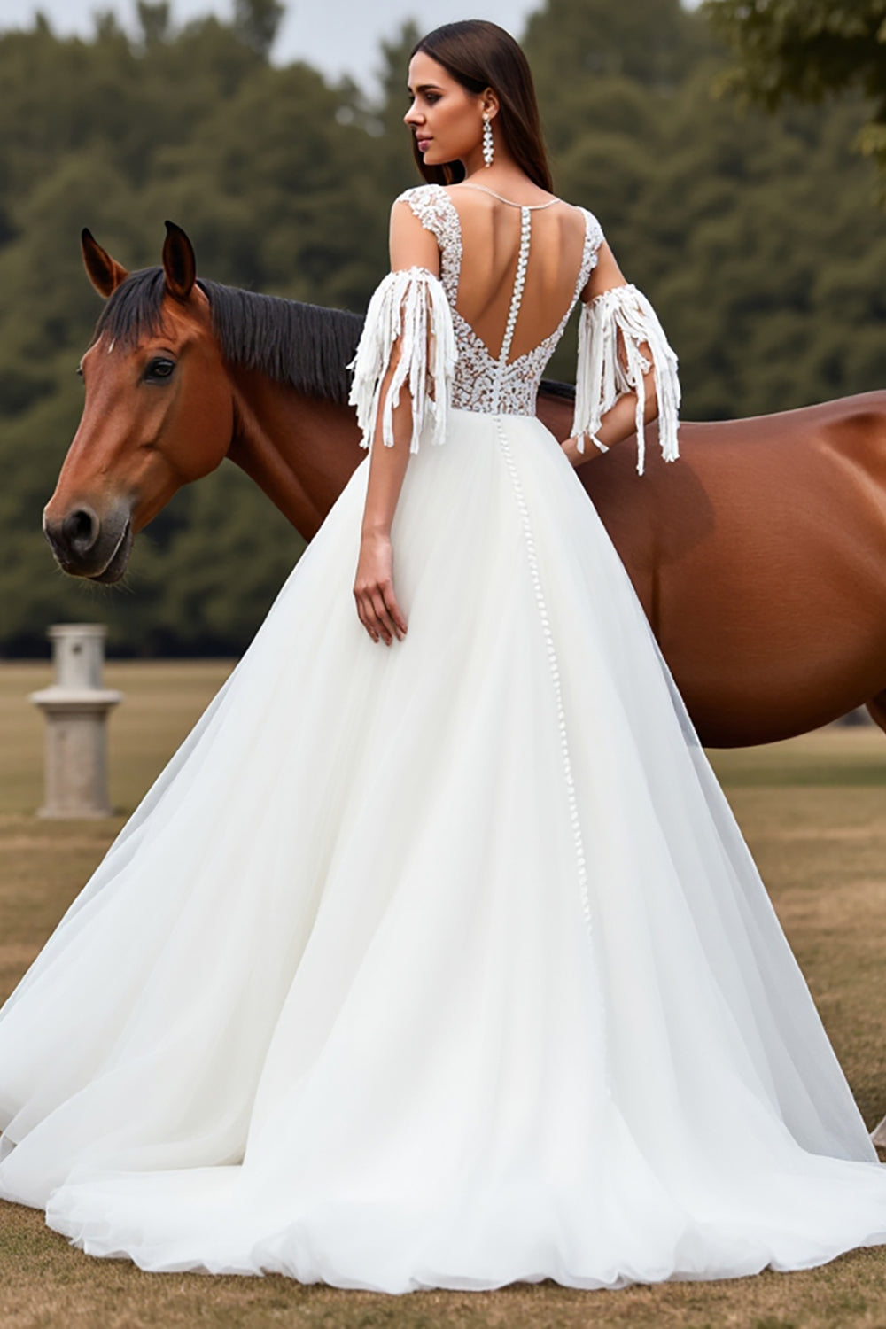 Tulle Ball Gown White Sweep Train Wedding Dress with Fringes