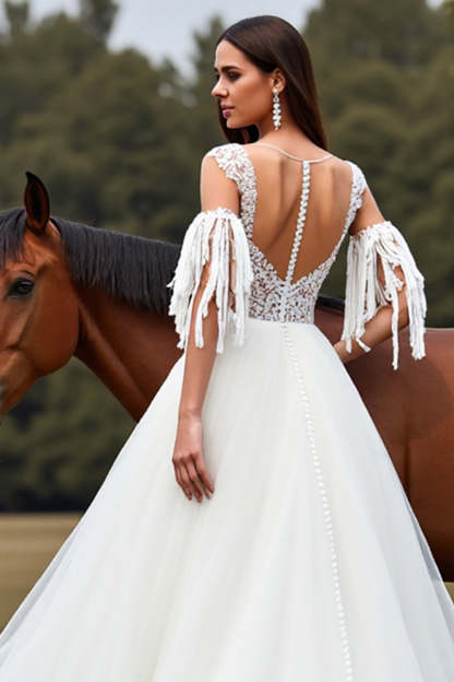 Tulle Ball Gown White Sweep Train Wedding Dress with Fringes