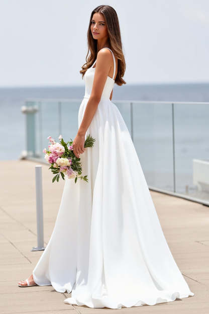 White Square Neck Satin Boho Sweep Train Wedding Dress