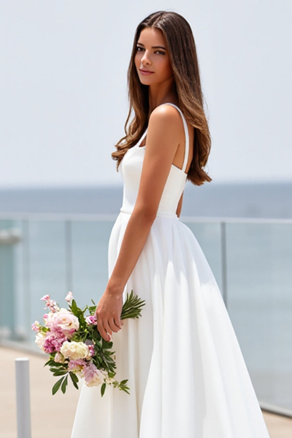 White Square Neck Satin Boho Sweep Train Wedding Dress