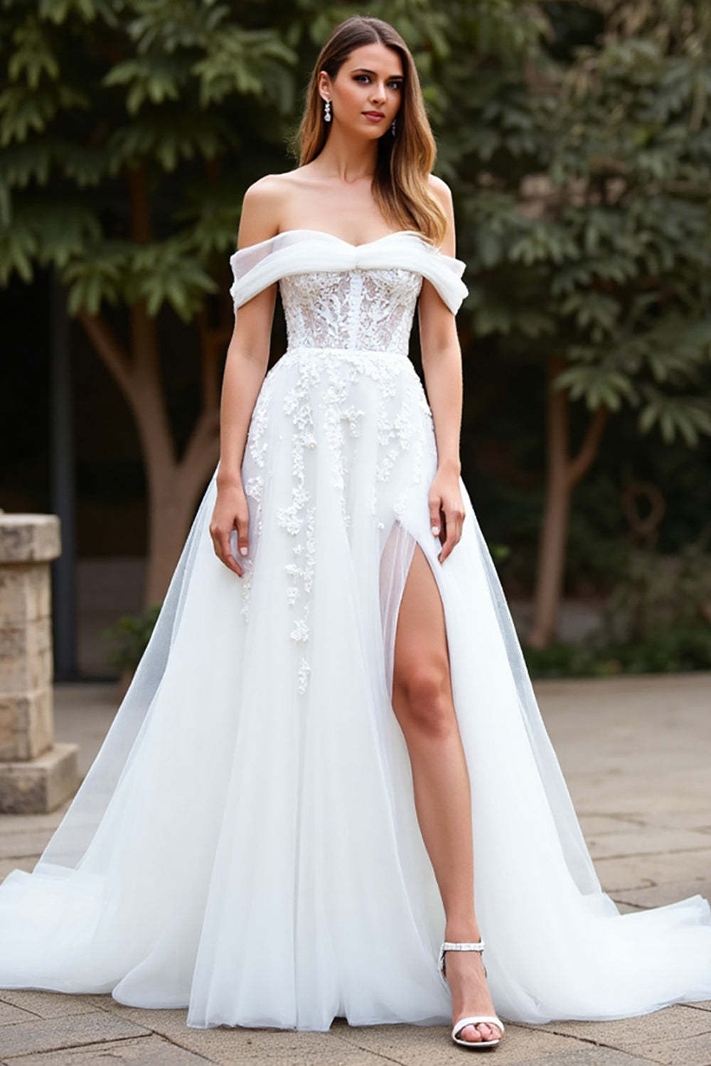 Leely Women White Off the Shoulder Sweep Train Wedding Dress with Slit Illusion Back Tulle Ball Gown Bridal Dress with Appliques