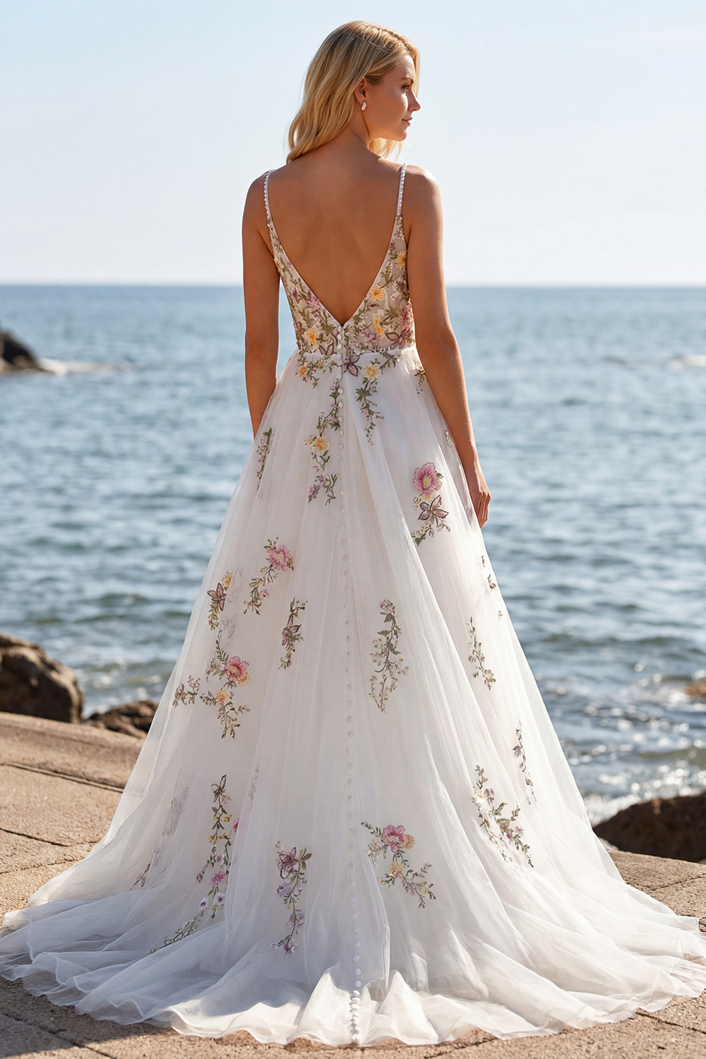 Floral A Line White V-Neck Sweep Train Wedding Dress