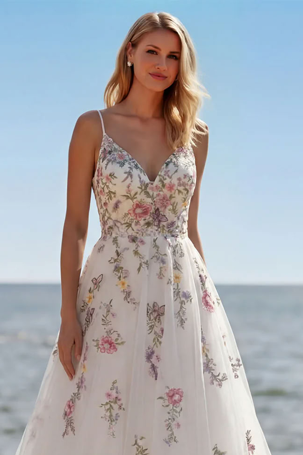 Floral A Line White V-Neck Sweep Train Wedding Dress