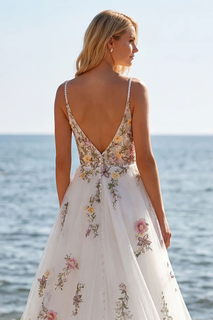 Floral A Line White V-Neck Sweep Train Wedding Dress