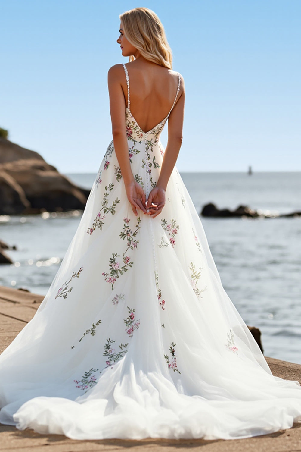 Floral A Line White V-Neck Sweep Train Wedding Dress