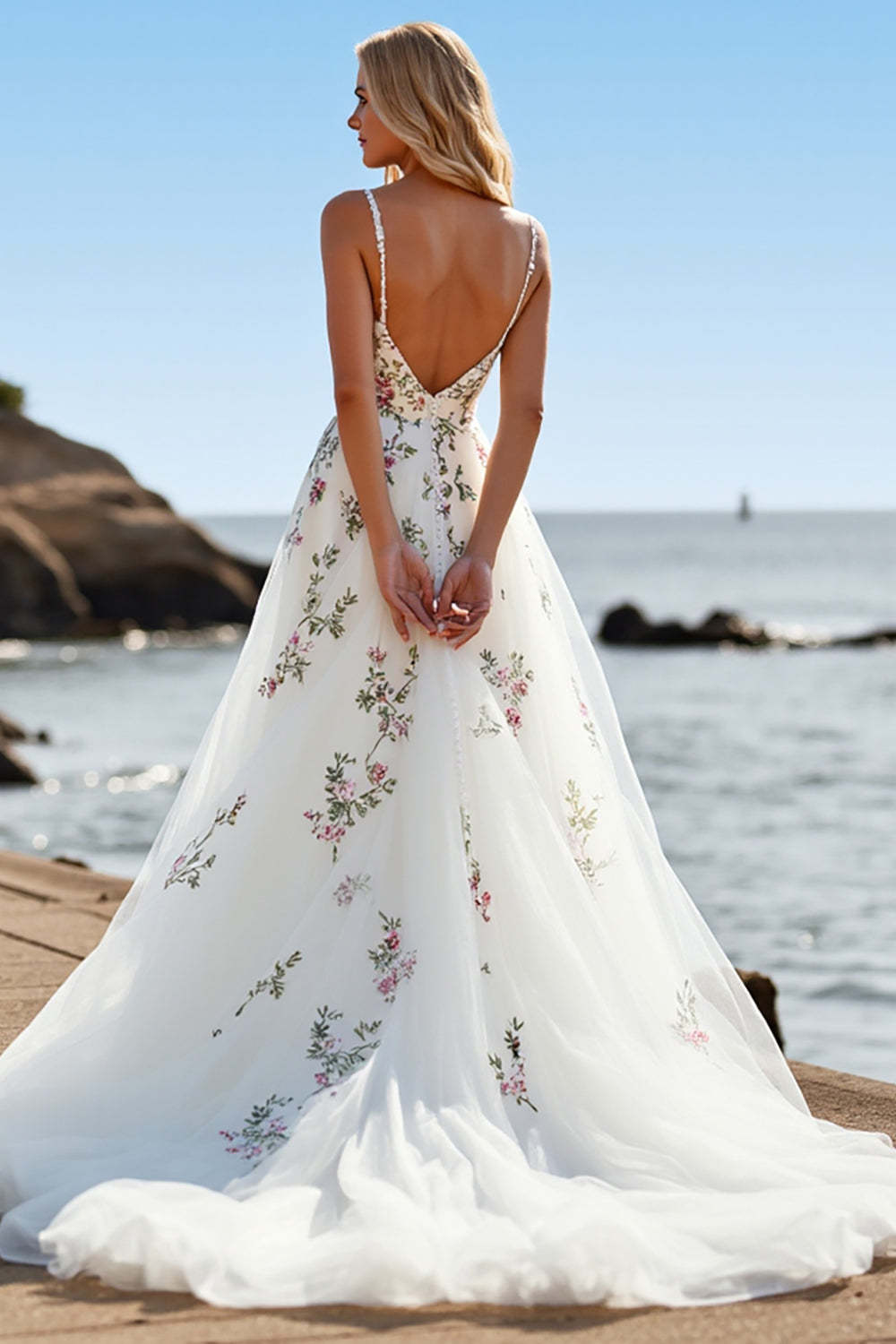 Floral A Line White V-Neck Sweep Train Wedding Dress