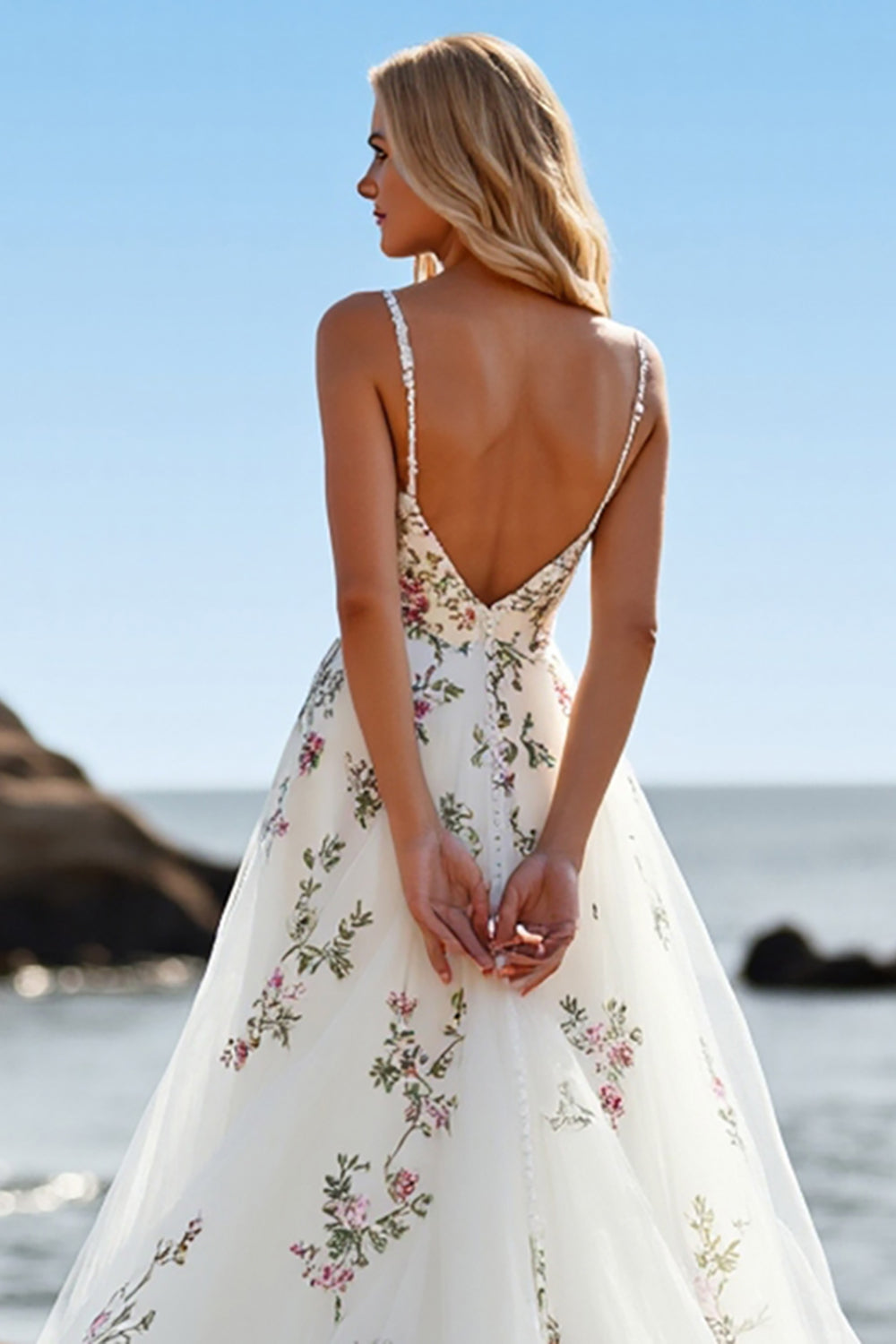 Floral A Line White V-Neck Sweep Train Wedding Dress