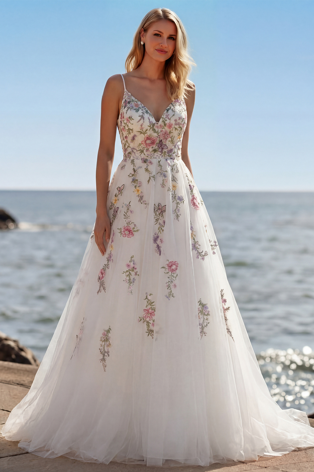 Floral A Line White V-Neck Sweep Train Wedding Dress
