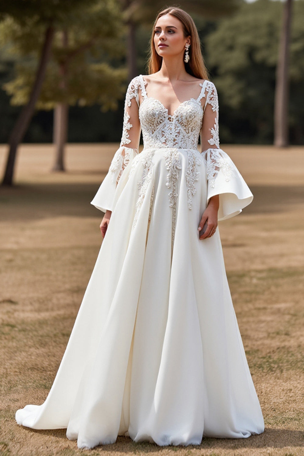 Tulle White Flare Sleeves Ball Gown Wedding Dress with Appliques