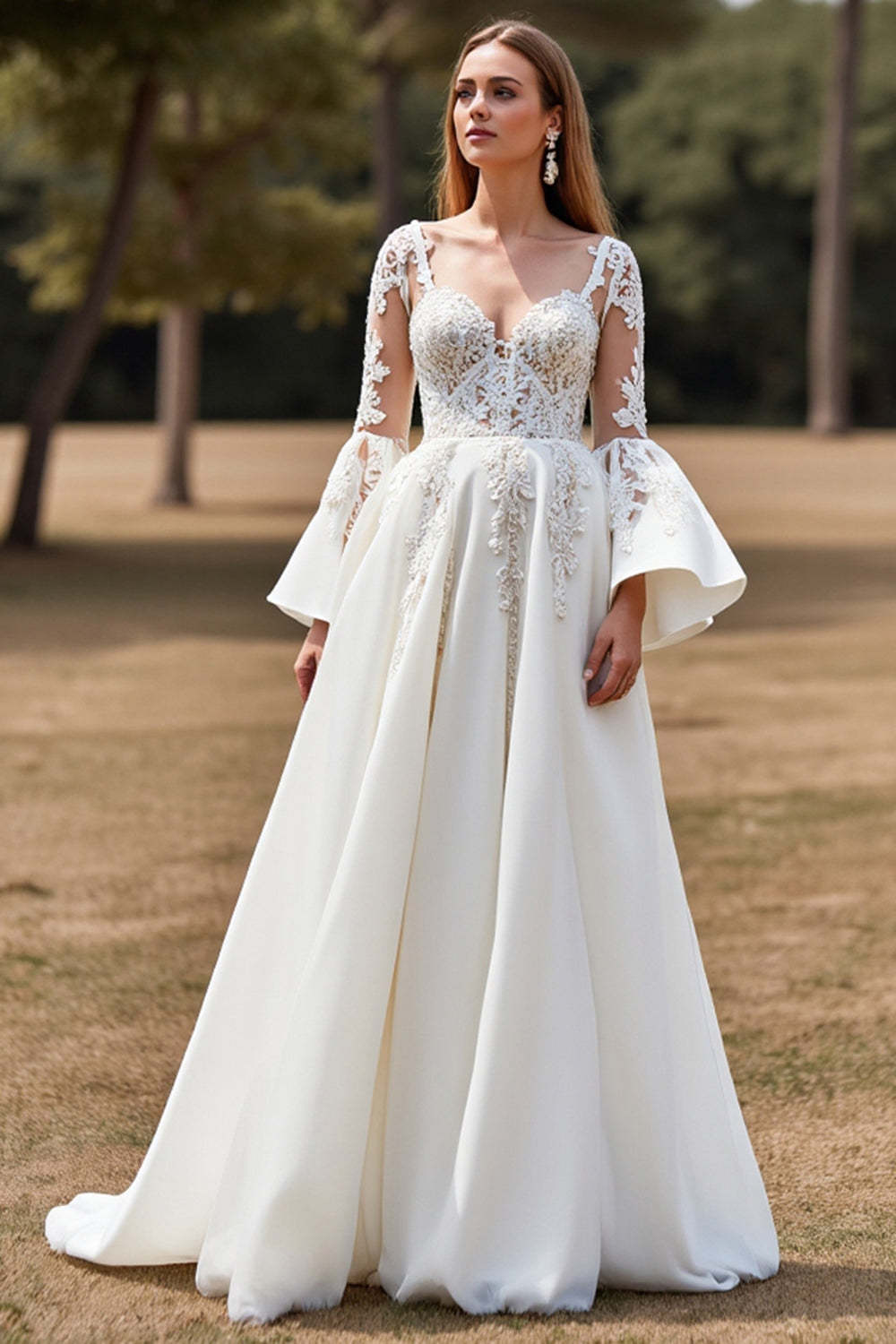 Leely Women White Ball Gown Sweep Train Wedding Dress with Appliques Tulle Flare Sleeves Illusion Back Bridal Dress