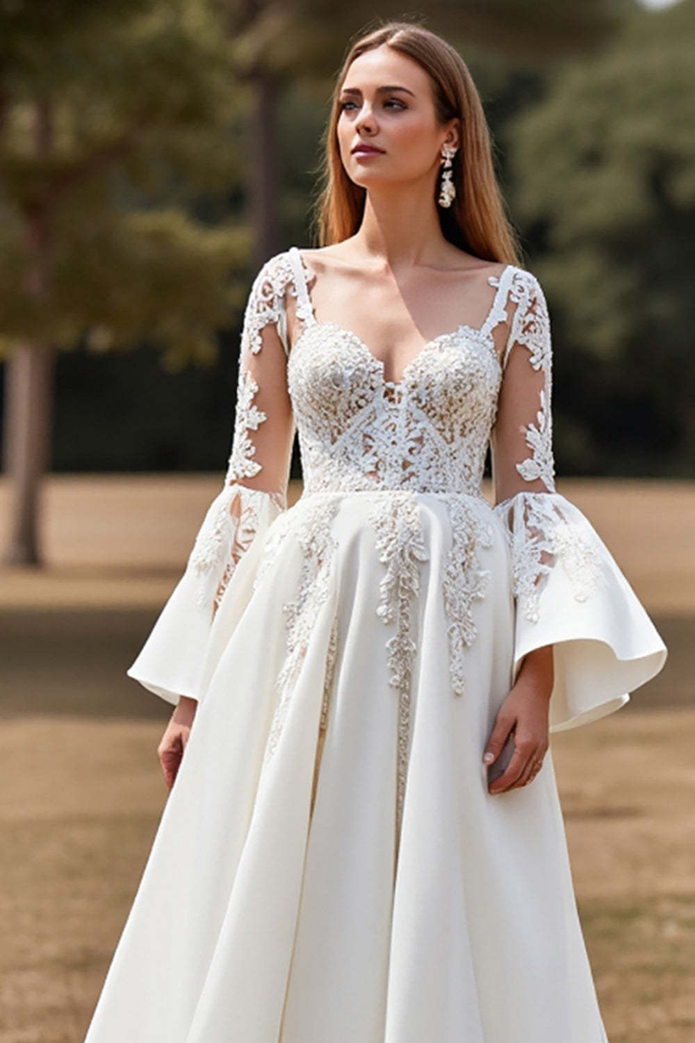 Tulle White Flare Sleeves Ball Gown Wedding Dress with Appliques
