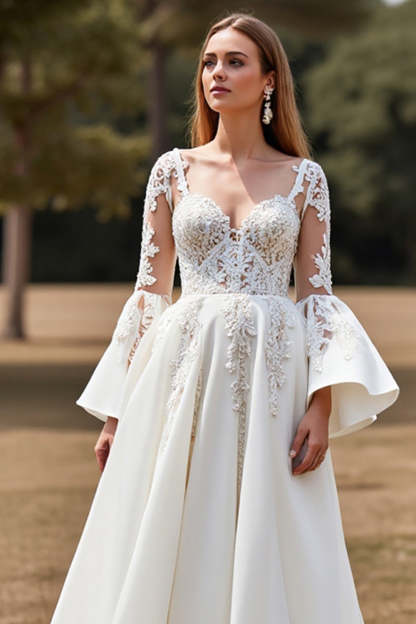 Tulle White Flare Sleeves Ball Gown Wedding Dress with Appliques