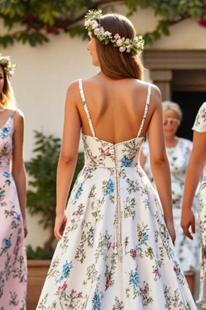 V-Neck Satin Floral White Sweep Train Wedding Dress