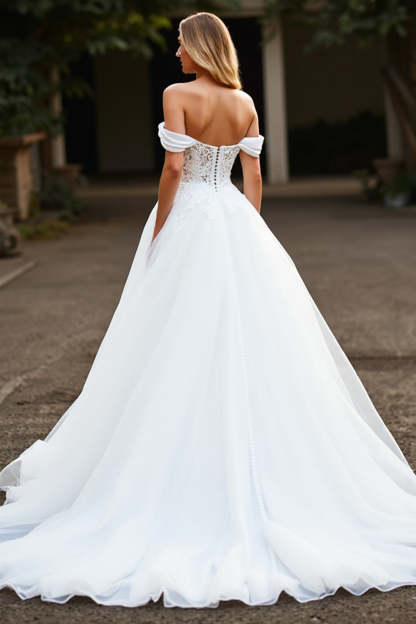 Ball Gown White Tulle Sweep Train Wedding Dress with Appliques