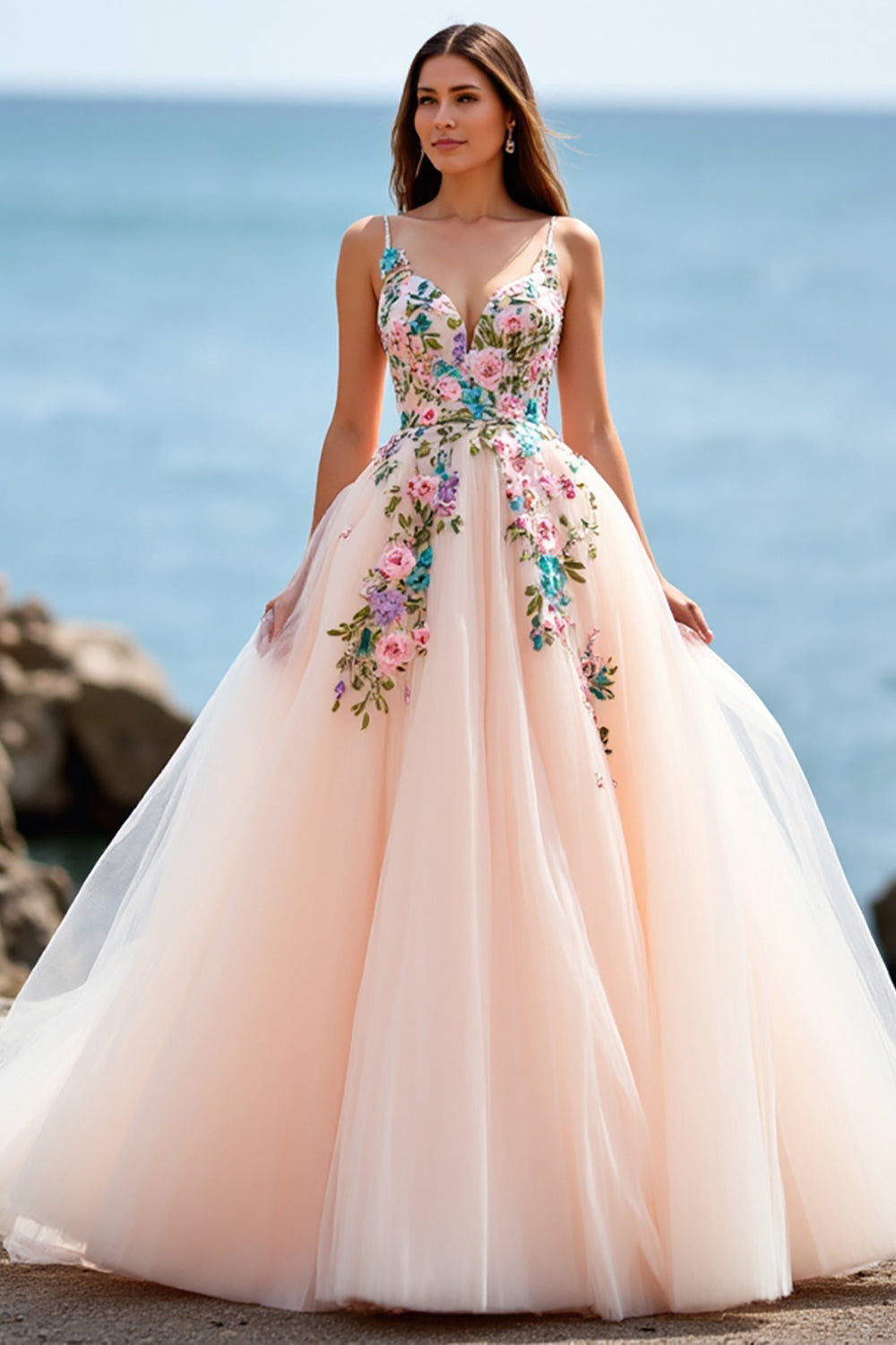 Ball Gown Floral Tulle Blush Sweep Train Wedding Dress