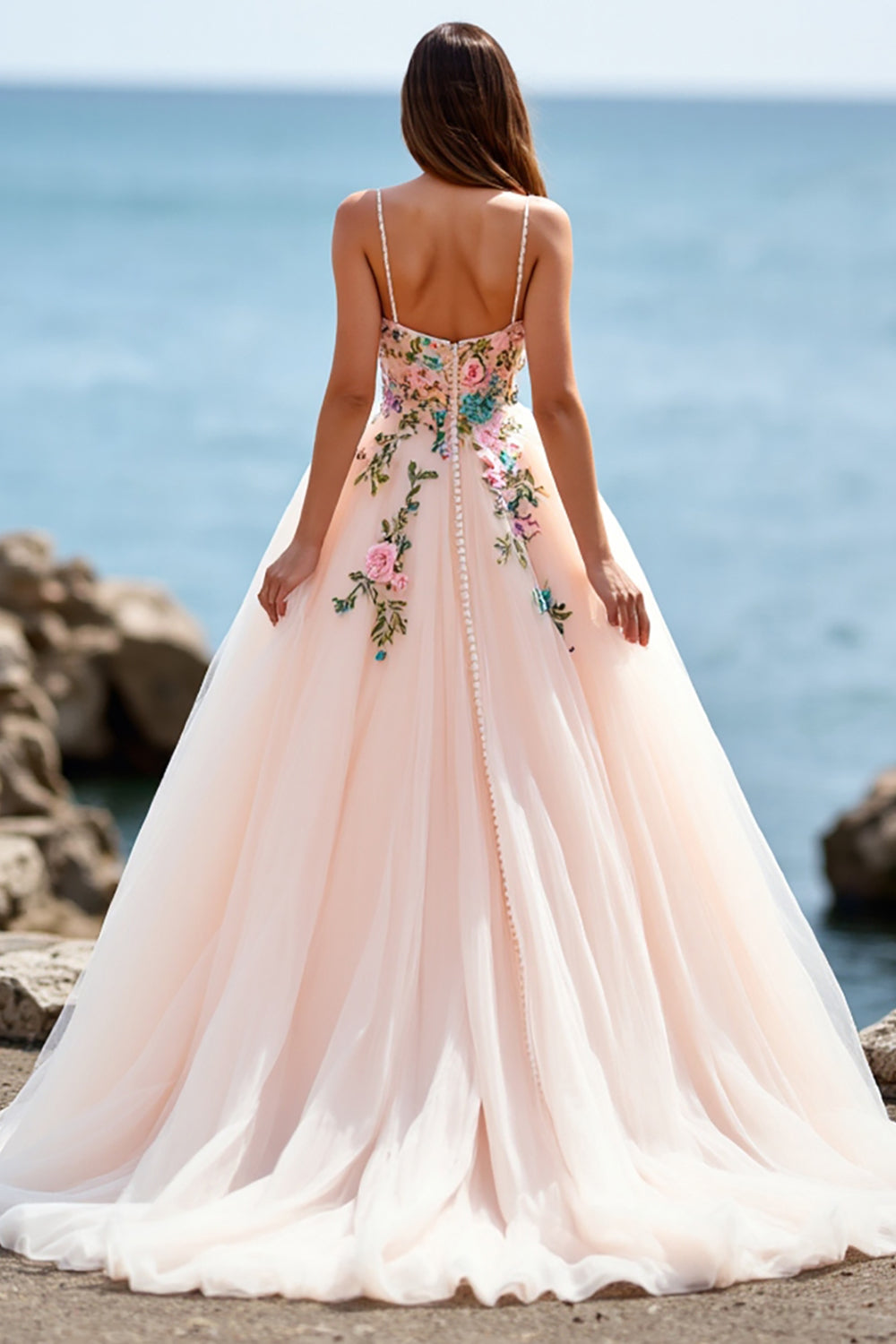Ball Gown Floral Tulle Blush Sweep Train Wedding Dress