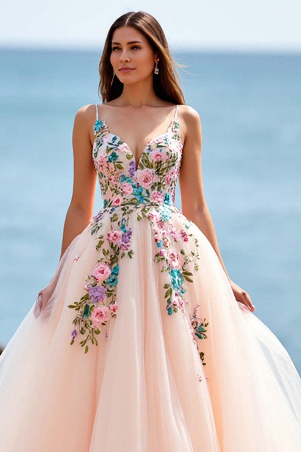 Ball Gown Floral Tulle Blush Sweep Train Wedding Dress