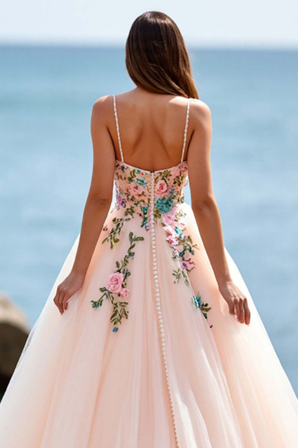 Ball Gown Floral Tulle Blush Sweep Train Wedding Dress